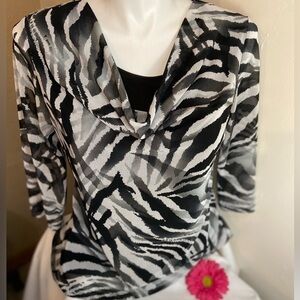 Brittany Black~Abstract Black/Gray/White Mesh Top~Fully Lined~Cowl Neck~Size L